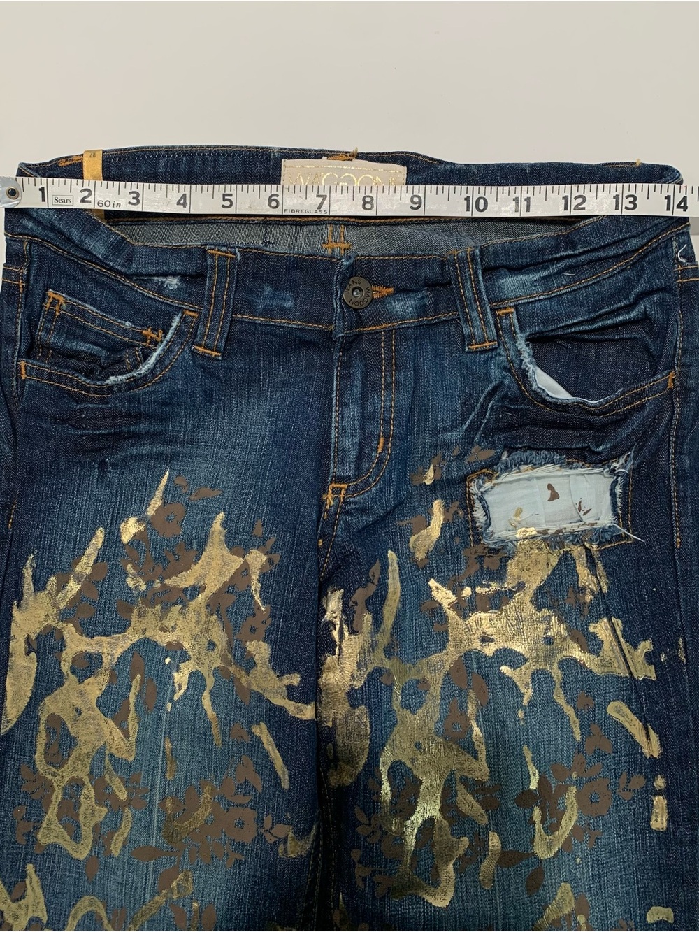 NWOT Waggon Paris Y2K Gilded Metallic Gold Paint Distressed Jeans, VTG Grunge 28 - Picture 15 of 16